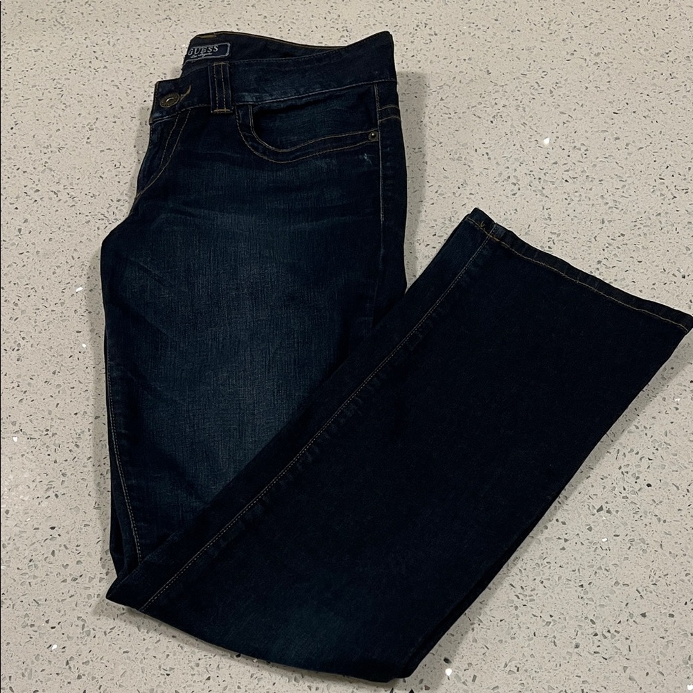 GUESS Low Rise Daredevil Boot Dark Blue Contrast Stitching Stretch Jeans Size 29
